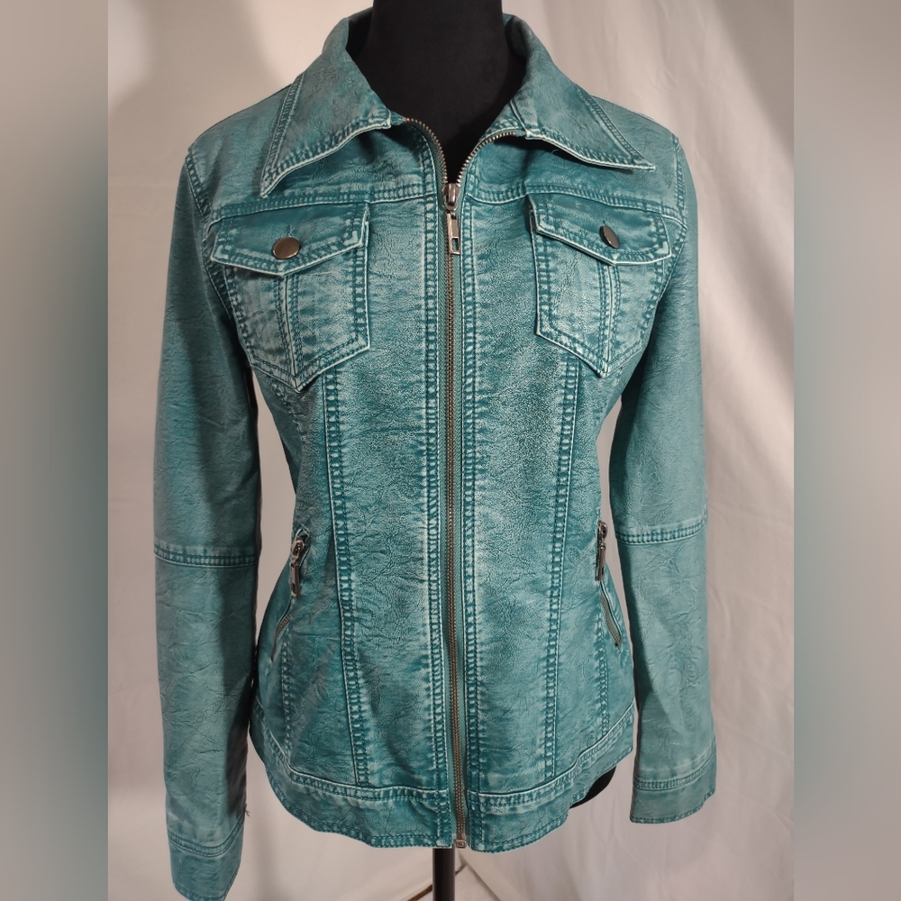 HOW CUTE! Women's Teal Faux Leather Zip Up Jacket Size XS